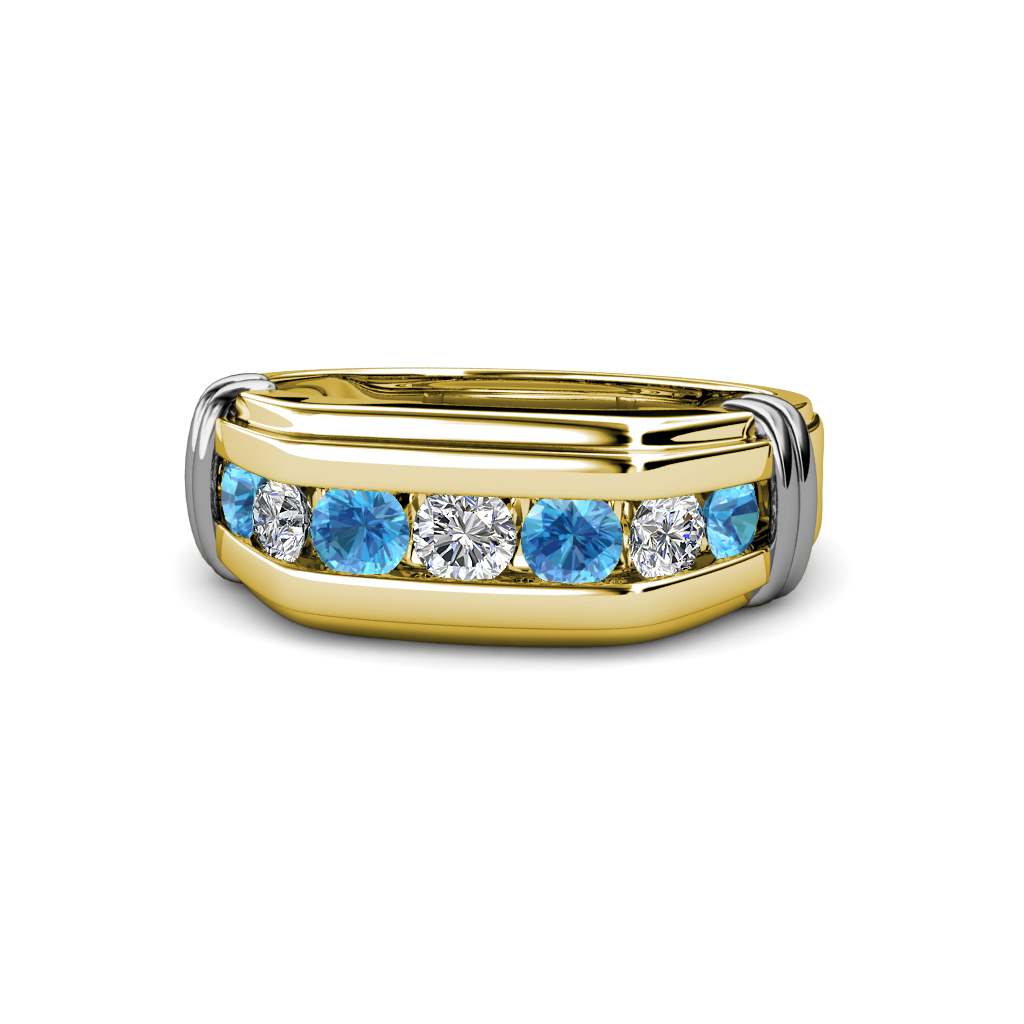Brad Round Blue Topaz and Diamond 7 Stone Men Wedding Ring (8.5 mm) 